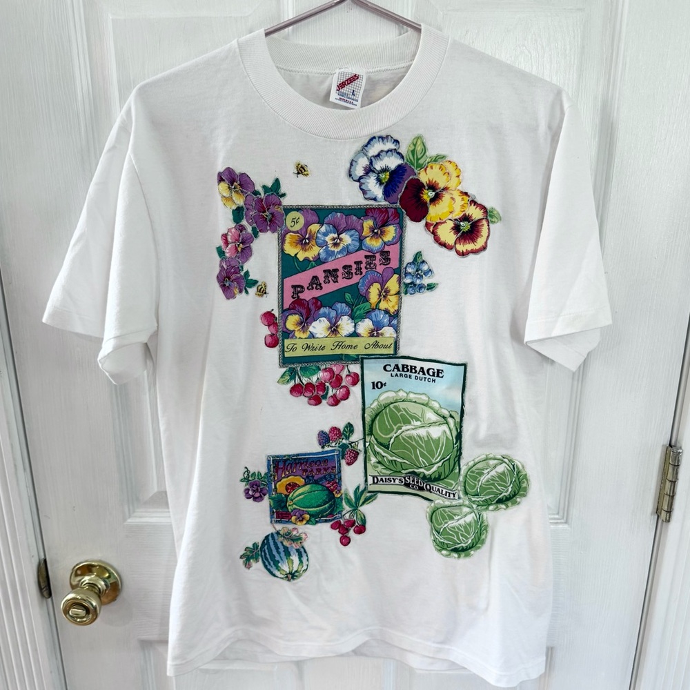 Rare Vintage Jerzees Gardening Graphic Puffy Glitter T-Shirt LARGE